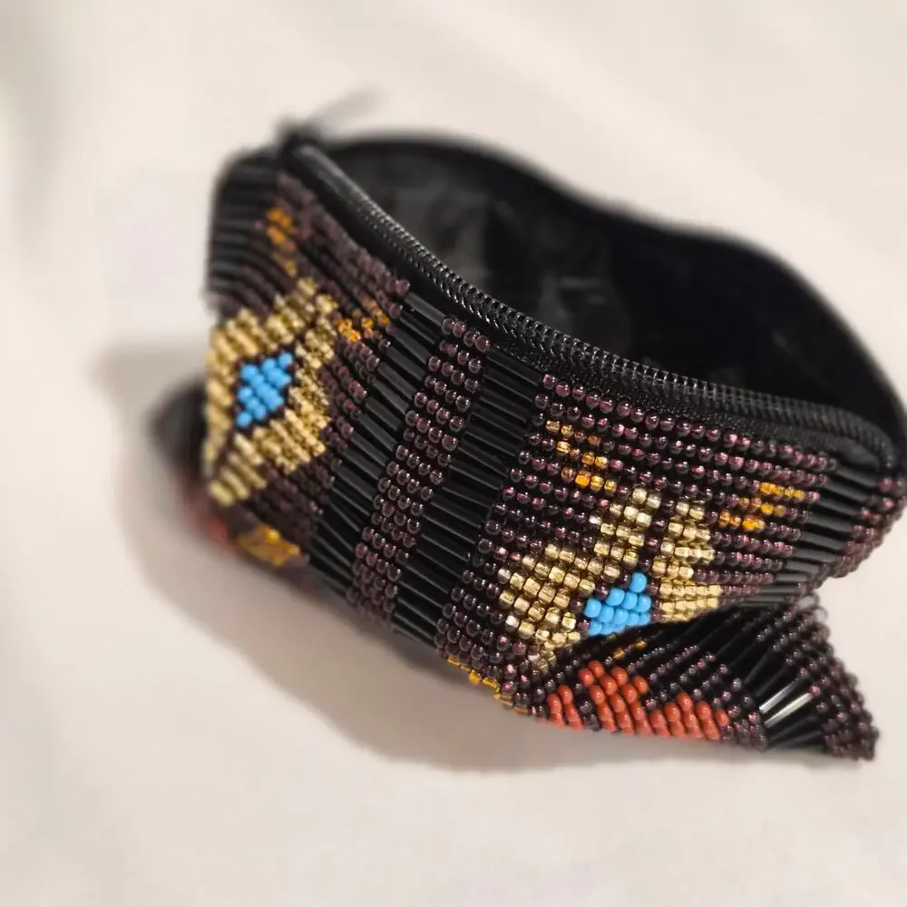 Vintage Beaded Coin Purse Boho Southwestern Geometric‎ Floral Seed Bead Pouch